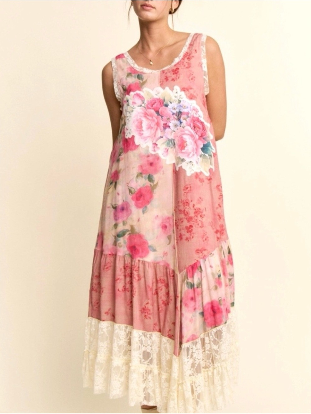 DAVI & DANI Pink Floral Panelled Maxi Dress with Lace Trim
